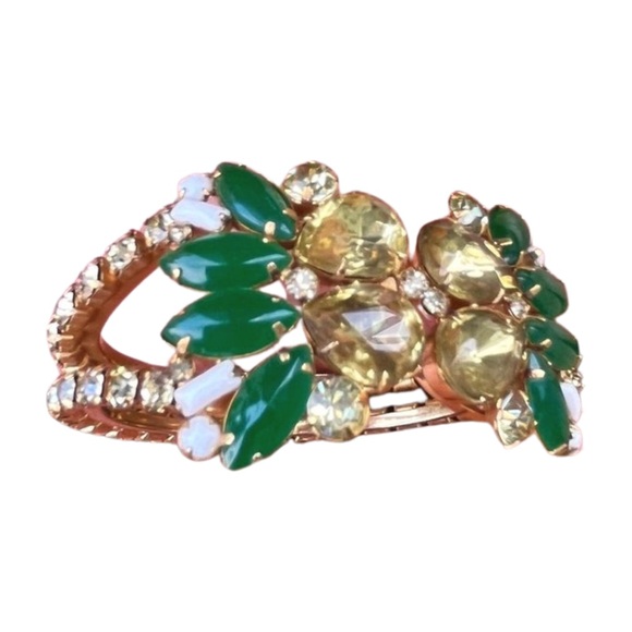 Vintage 1950's Yellow and Green Rhinestone Clamper Bracelet and Earrings - Picture 3 of 9